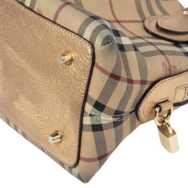Pre Owned Burberry Beige/Metallic Gold Haymarket Check PVC and Leather Thornley Bowler Bag