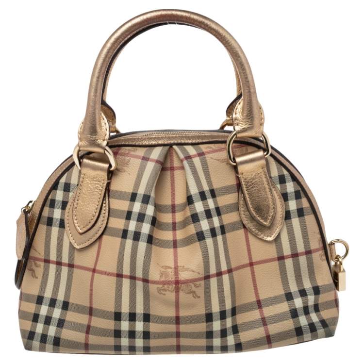 Pre Owned Burberry Beige/Metallic Gold Haymarket Check PVC and Leather Thornley Bowler Bag
