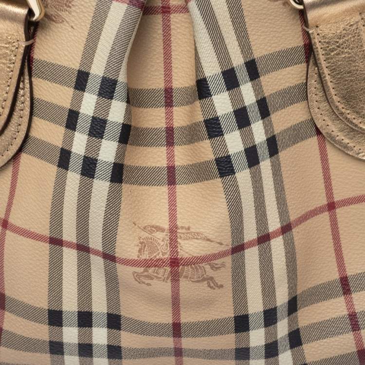 Pre Owned Burberry Beige/Metallic Gold Haymarket Check PVC and Leather Thornley Bowler Bag