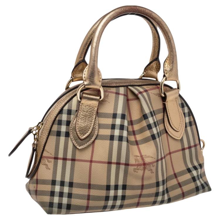 Pre Owned Burberry Beige/Metallic Gold Haymarket Check PVC and Leather Thornley Bowler Bag