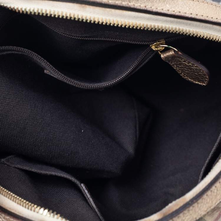 Pre Owned Burberry Beige/Metallic Gold Haymarket Check PVC and Leather Thornley Bowler Bag