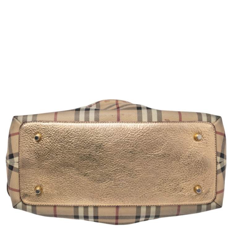Pre Owned Burberry Beige/Metallic Gold Haymarket Check PVC and Leather Thornley Bowler Bag