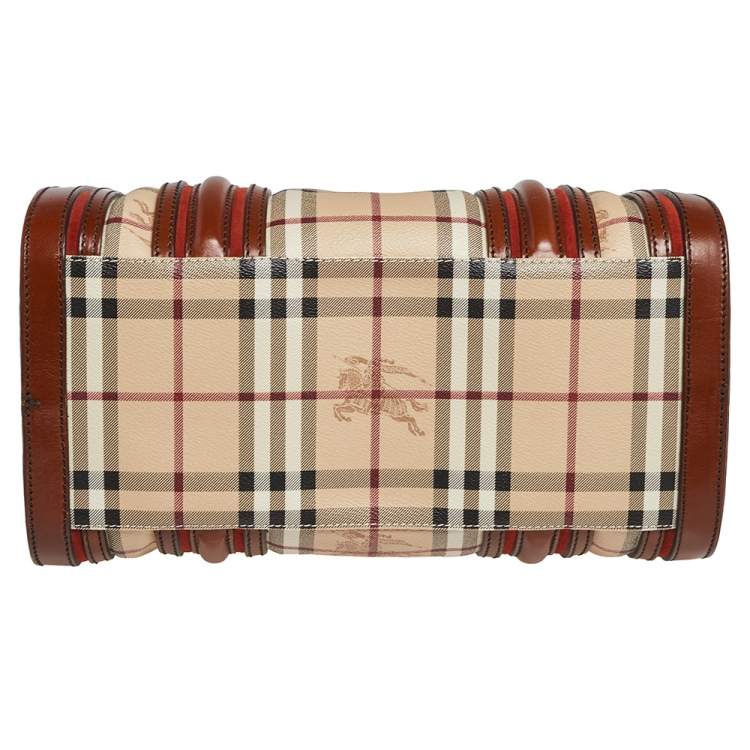 Pre Owned Burberry Beige/Tan Haymarket Check Coated Canvas and Leather Medium Alchester Bowler Bag