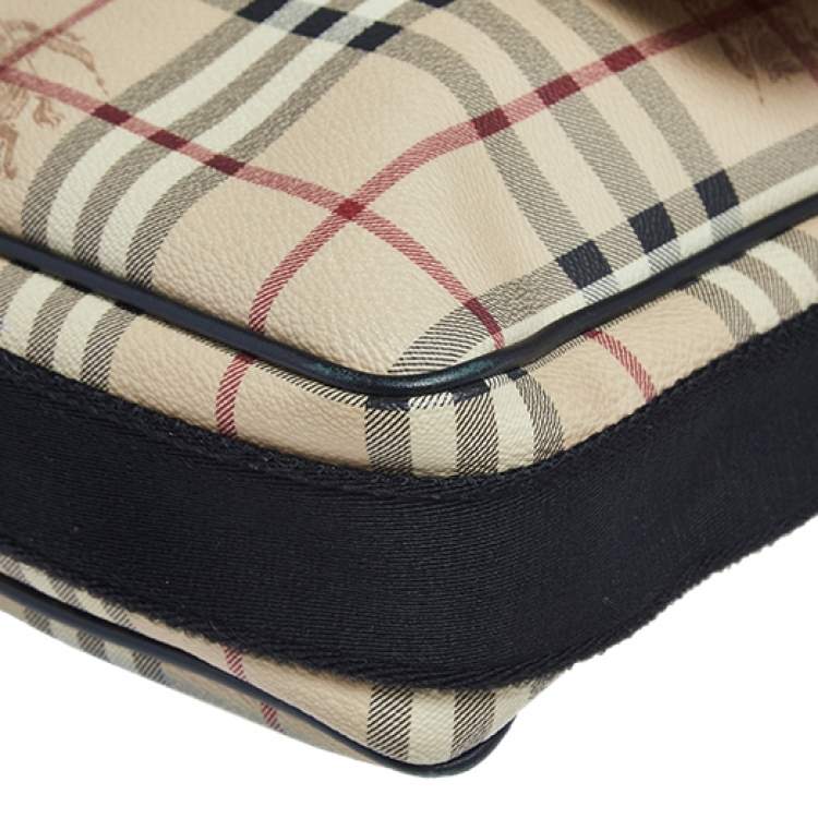Pre Owned Burberry Beige/Black Haymarket Check PVC and Leather Messenger Bag