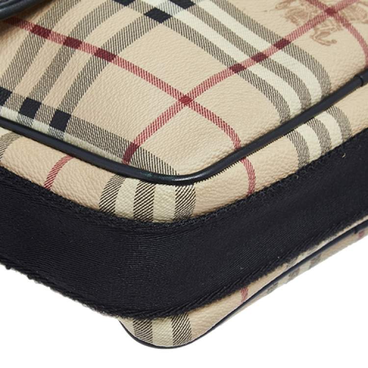 Pre Owned Burberry Beige/Black Haymarket Check PVC and Leather Messenger Bag