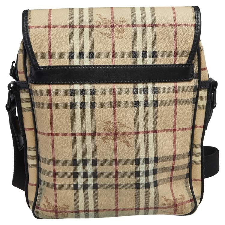 Pre Owned Burberry Beige/Black Haymarket Check PVC and Leather Messenger Bag