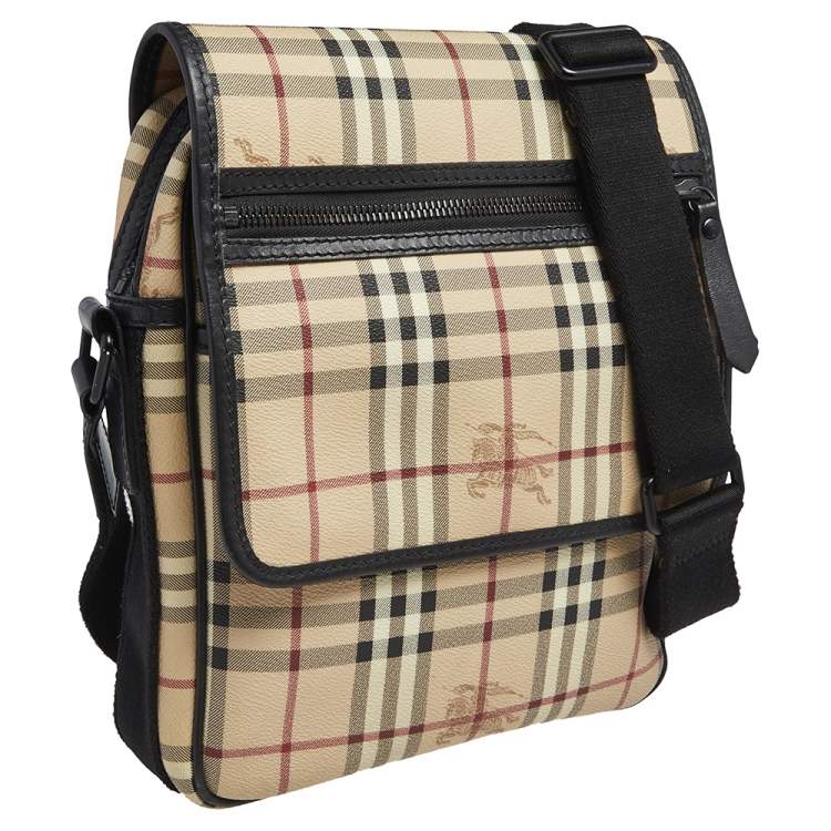 Pre Owned Burberry Beige/Black Haymarket Check PVC and Leather Messenger Bag