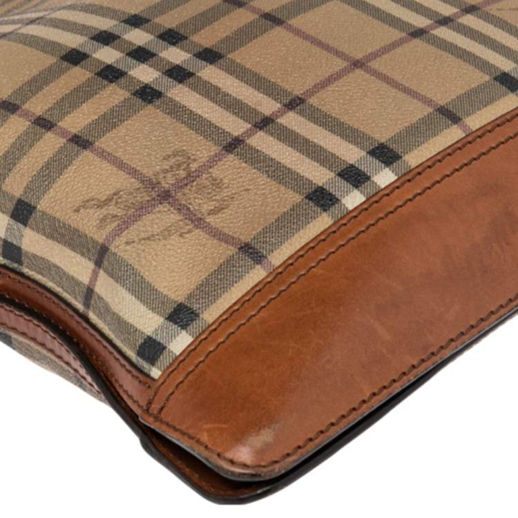 Pre Owned Burberry Brown/Beige Haymarket Check Coated Canvas and Leather Messenger Bag