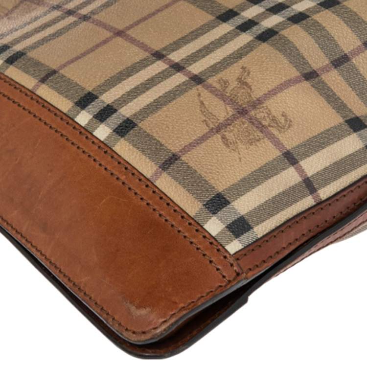 Pre Owned Burberry Brown/Beige Haymarket Check Coated Canvas and Leather Messenger Bag