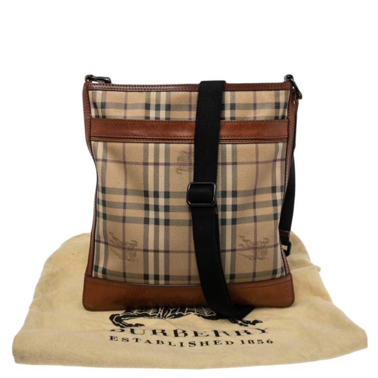 Pre Owned Burberry Brown/Beige Haymarket Check Coated Canvas and Leather Messenger Bag