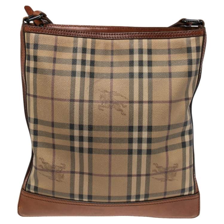 Pre Owned Burberry Brown/Beige Haymarket Check Coated Canvas and Leather Messenger Bag