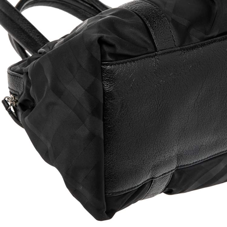 Pre Owned Burberry Black Check Nylon and Leather Trim Satchel
