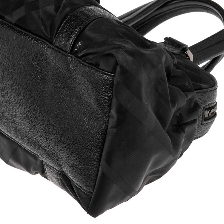 Pre Owned Burberry Black Check Nylon and Leather Trim Satchel