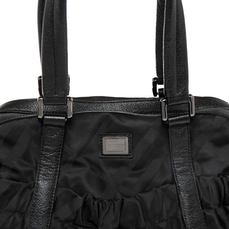 Pre Owned Burberry Black Check Nylon and Leather Trim Satchel