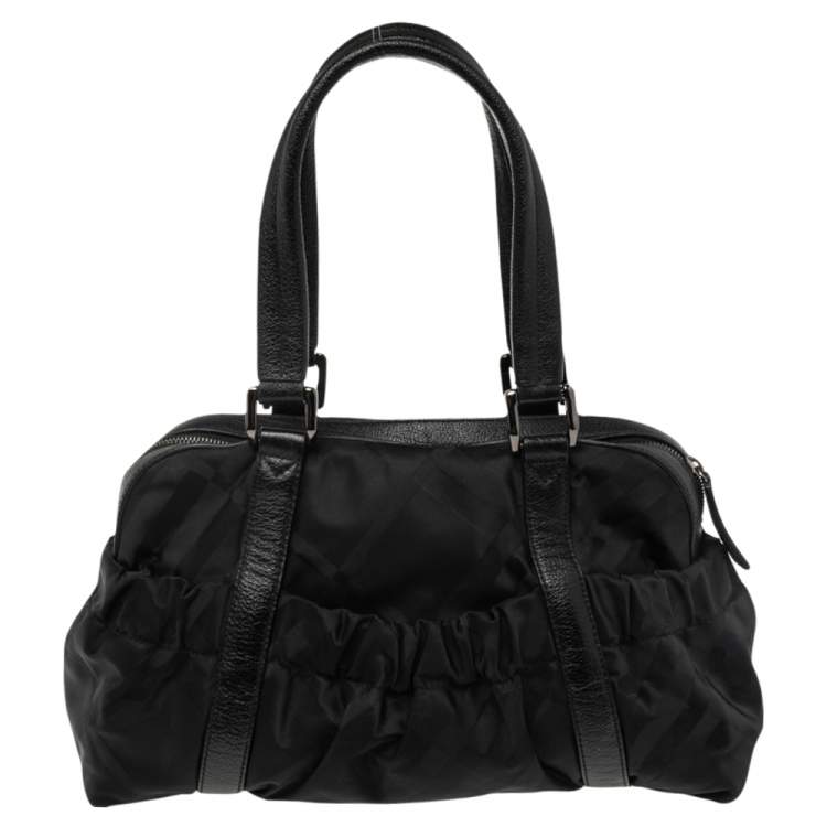 Pre Owned Burberry Black Check Nylon and Leather Trim Satchel
