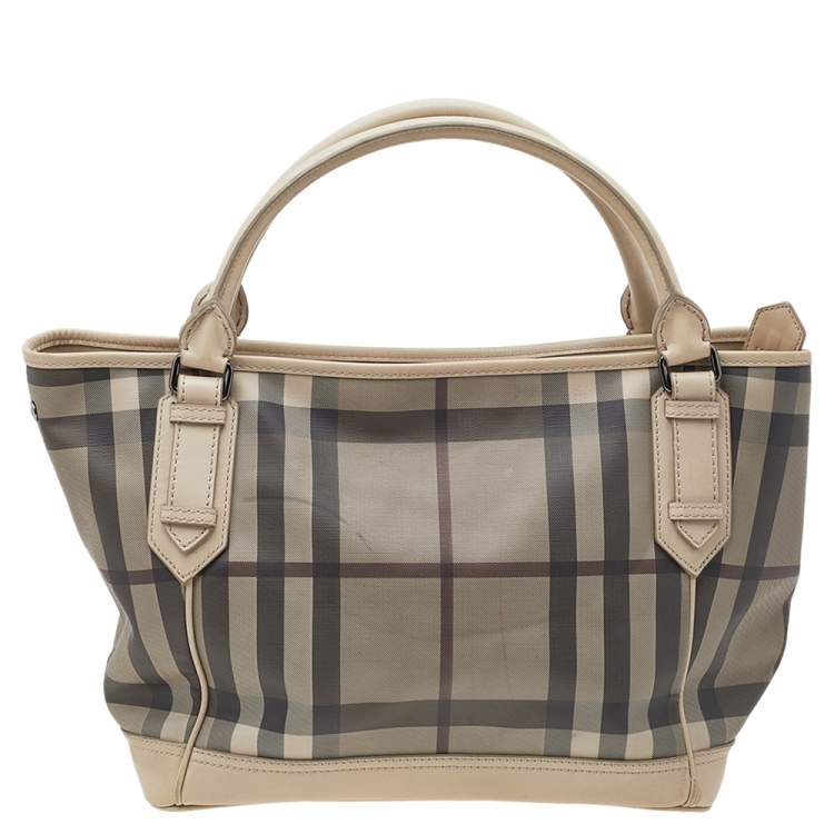 Pre Owned Burberry Beige Smoke Check PVC And Leather Tote