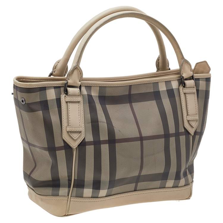 Pre Owned Burberry Beige Smoke Check PVC And Leather Tote