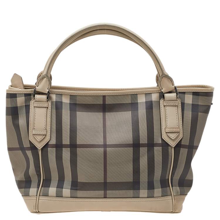 Pre Owned Burberry Beige Smoke Check PVC And Leather Tote