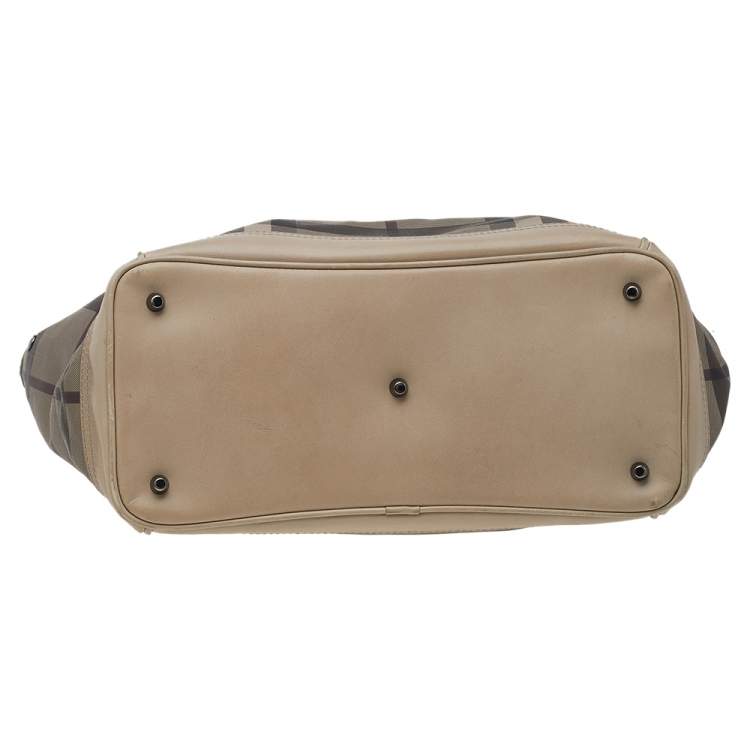 Pre Owned Burberry Beige Smoke Check PVC And Leather Tote