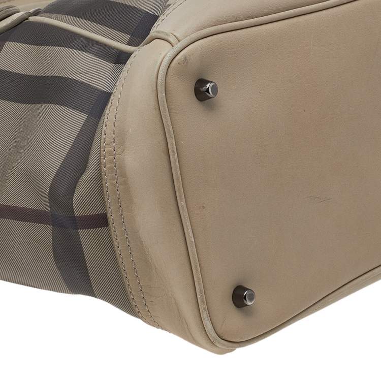 Pre Owned Burberry Beige Smoke Check PVC And Leather Tote