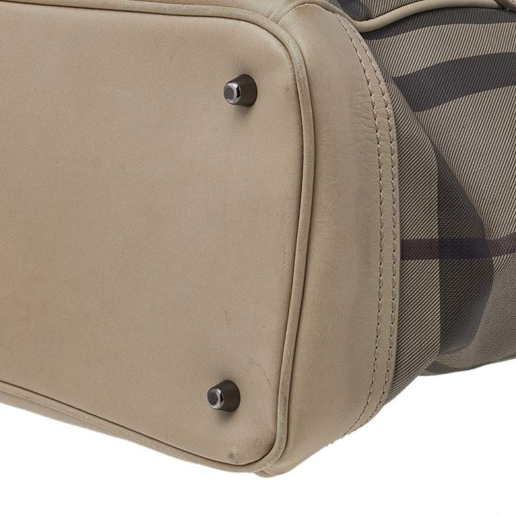 Pre Owned Burberry Beige Smoke Check PVC And Leather Tote