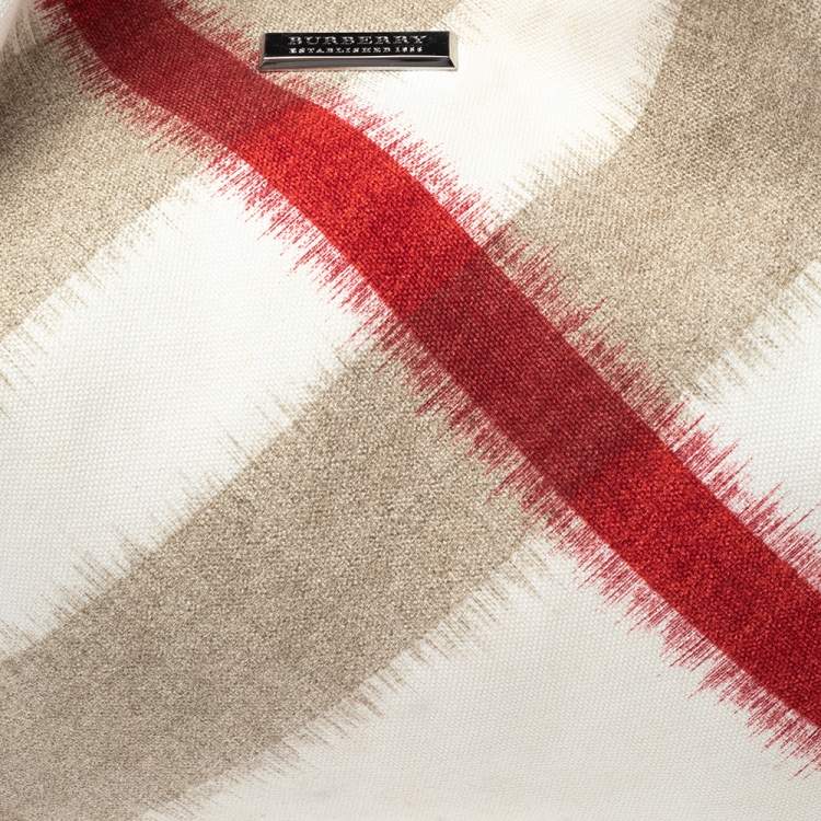 Pre Owned Burberry Multicolor Ikat Check Canvas and Leather Trim Shopper Tote