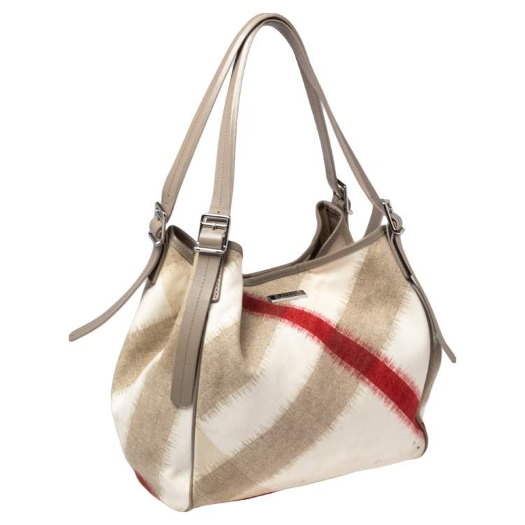 Pre Owned Burberry Multicolor Ikat Check Canvas and Leather Trim Shopper Tote