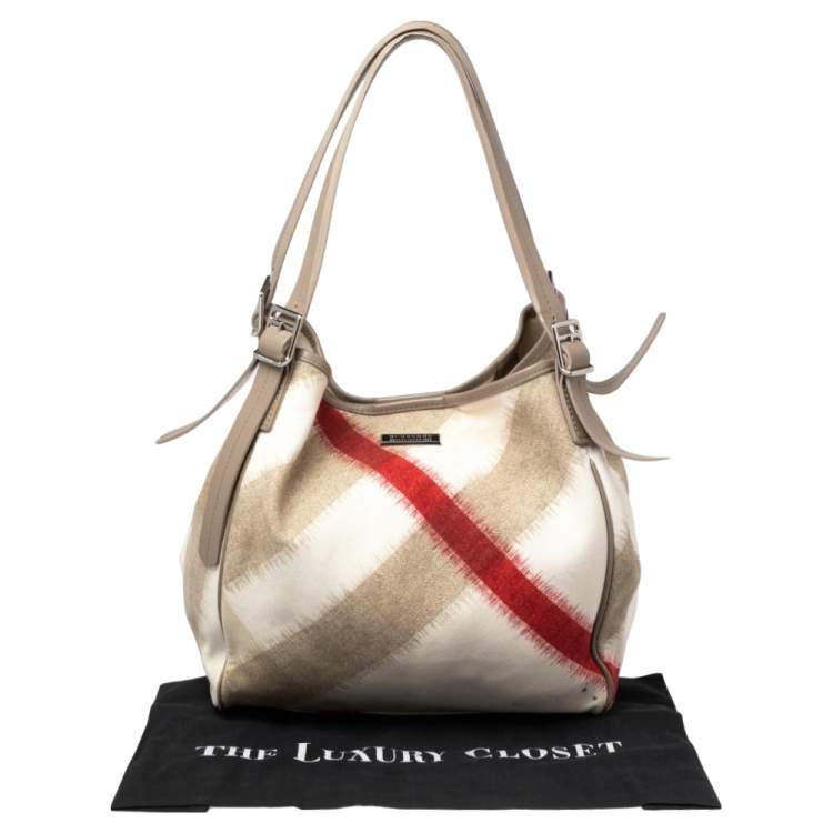 Pre Owned Burberry Multicolor Ikat Check Canvas and Leather Trim Shopper Tote