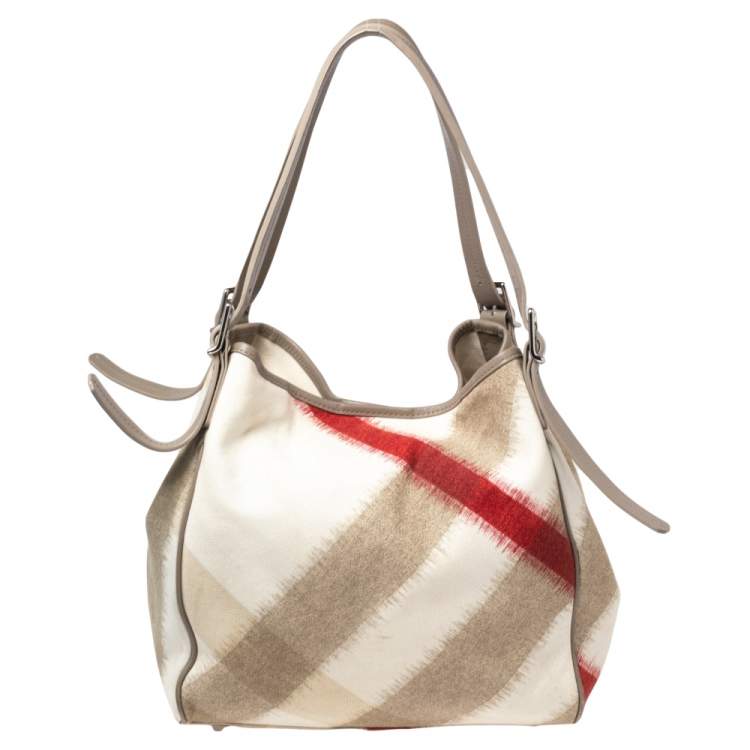 Pre Owned Burberry Multicolor Ikat Check Canvas and Leather Trim Shopper Tote