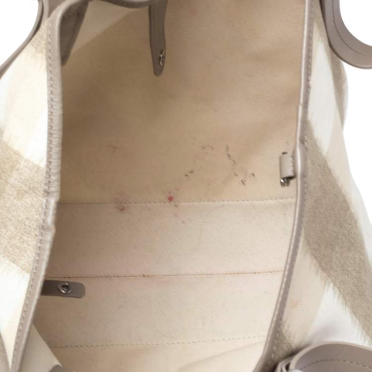 Pre Owned Burberry Multicolor Ikat Check Canvas and Leather Trim Shopper Tote