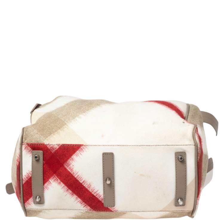 Pre Owned Burberry Multicolor Ikat Check Canvas and Leather Trim Shopper Tote