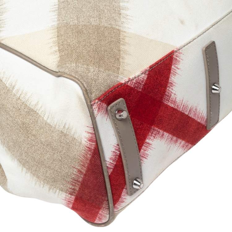 Pre Owned Burberry Multicolor Ikat Check Canvas and Leather Trim Shopper Tote