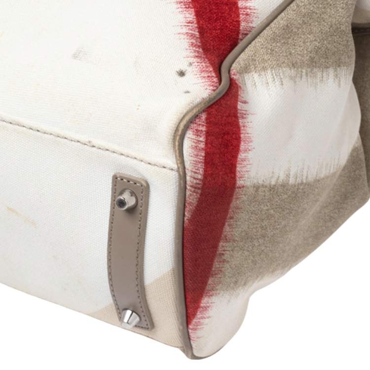 Pre Owned Burberry Multicolor Ikat Check Canvas and Leather Trim Shopper Tote