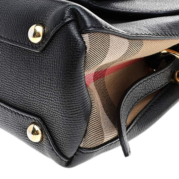 Pre Owned Burberry Black/Beige Leather And House Check Fabric Medium Camberley Top Handle Bag