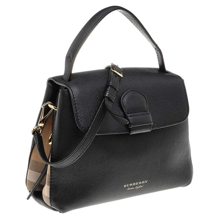 Pre Owned Burberry Black/Beige Leather And House Check Fabric Medium Camberley Top Handle Bag