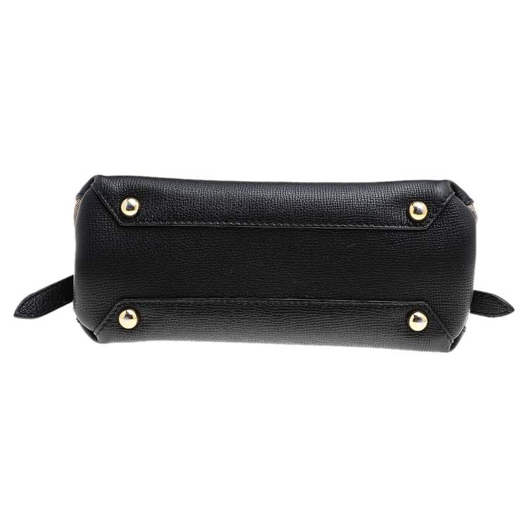 Pre Owned Burberry Black/Beige Leather And House Check Fabric Medium Camberley Top Handle Bag