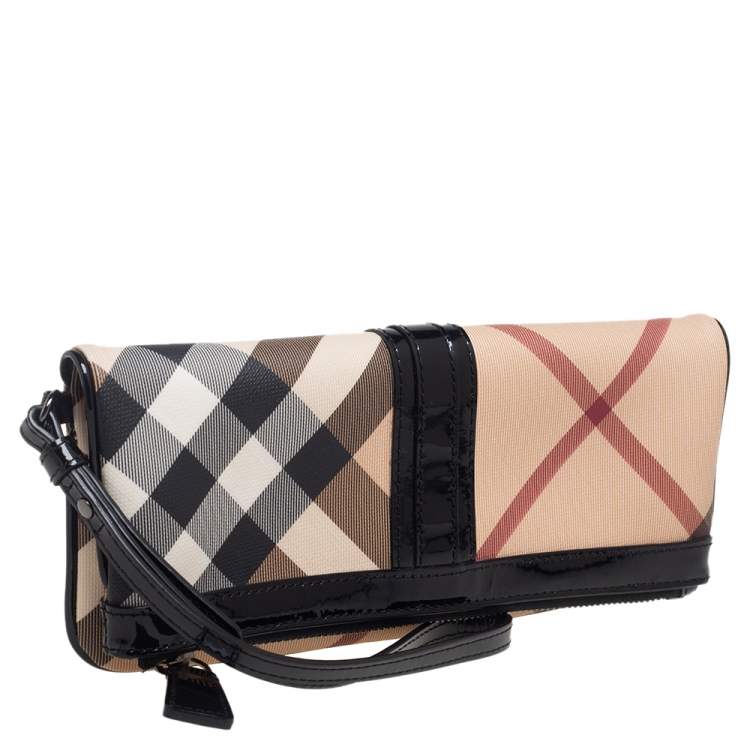 Pre Owned Burberry Black/Beige Nova Check Coated Canvas and Patent Leather Foldover Clutch