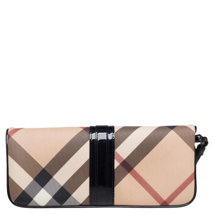 Pre Owned Burberry Black/Beige Nova Check Coated Canvas and Patent Leather Foldover Clutch