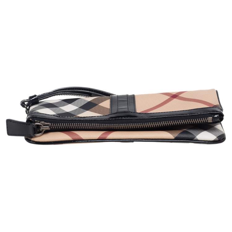 Pre Owned Burberry Black/Beige Nova Check Coated Canvas and Patent Leather Foldover Clutch
