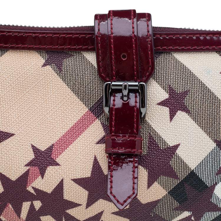 Pre Owned Burberry Burgundy/Beige Nova Check Coated Canvas And Patent Leather Stars Zip Wristlet
