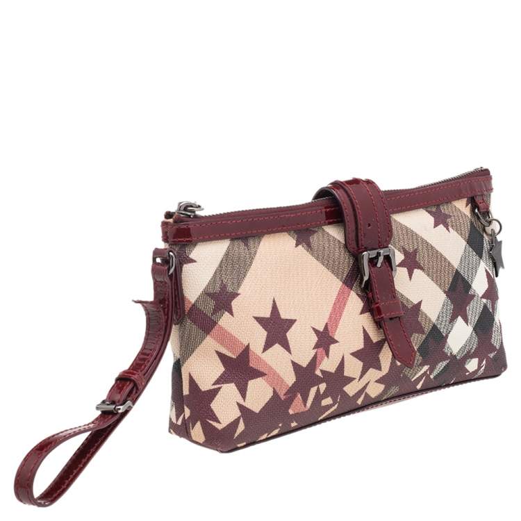Pre Owned Burberry Burgundy/Beige Nova Check Coated Canvas And Patent Leather Stars Zip Wristlet