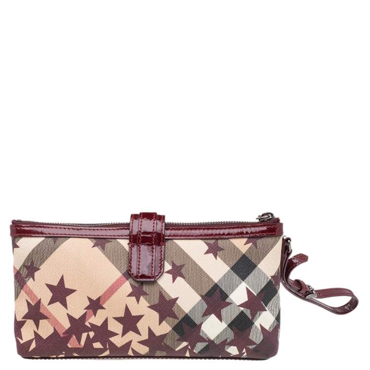 Pre Owned Burberry Burgundy/Beige Nova Check Coated Canvas And Patent Leather Stars Zip Wristlet
