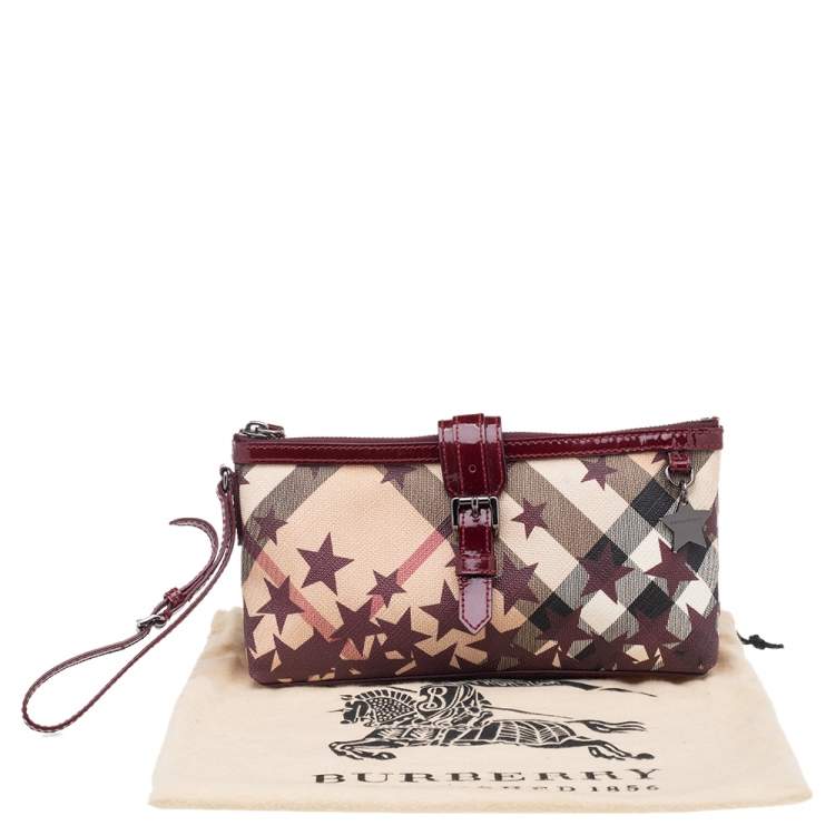 Pre Owned Burberry Burgundy/Beige Nova Check Coated Canvas And Patent Leather Stars Zip Wristlet
