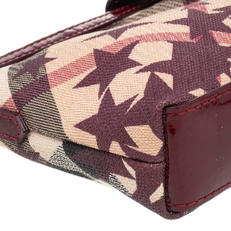 Pre Owned Burberry Burgundy/Beige Nova Check Coated Canvas And Patent Leather Stars Zip Wristlet