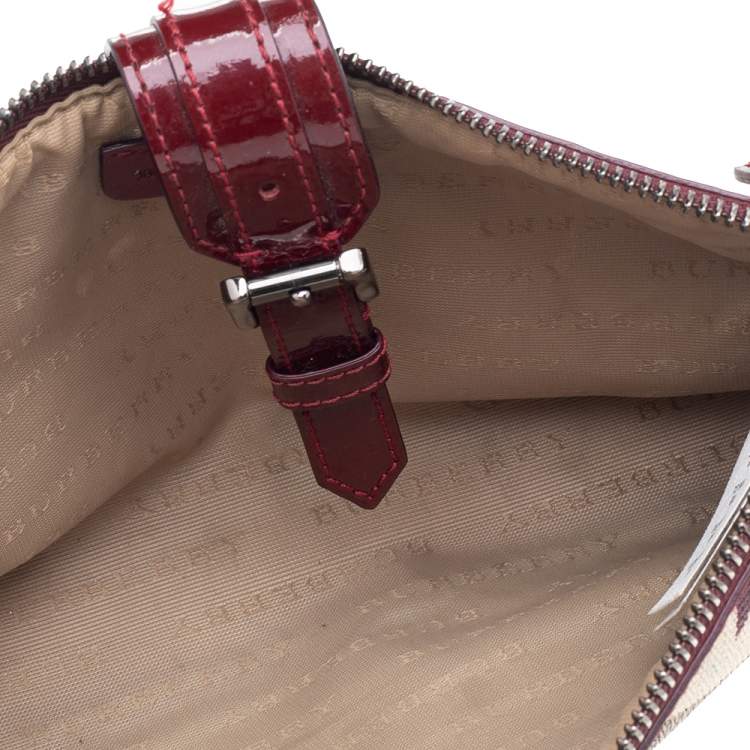 Pre Owned Burberry Burgundy/Beige Nova Check Coated Canvas And Patent Leather Stars Zip Wristlet