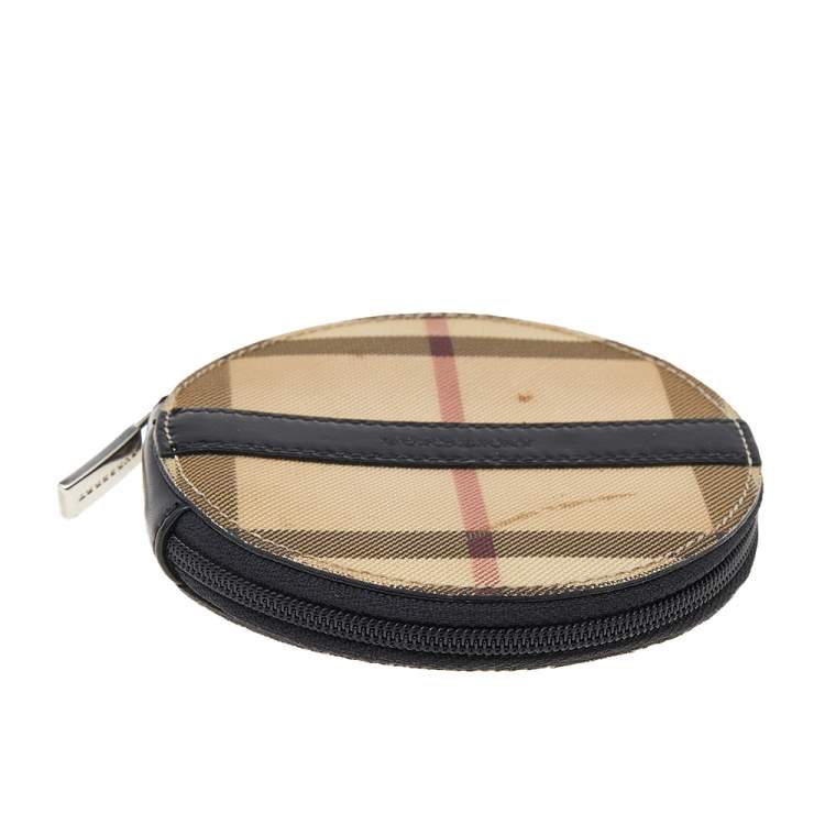 Pre Owned Burberry Beige-Black House Check PVC And Leather Round Coin Pouch