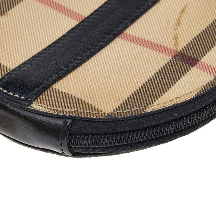 Pre Owned Burberry Beige-Black House Check PVC And Leather Round Coin Pouch