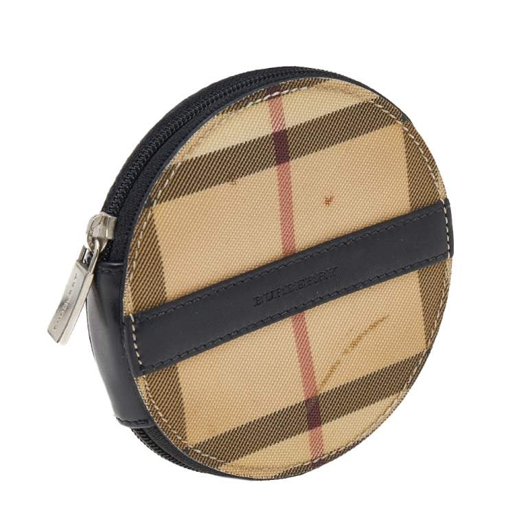 Pre Owned Burberry Beige-Black House Check PVC And Leather Round Coin Pouch