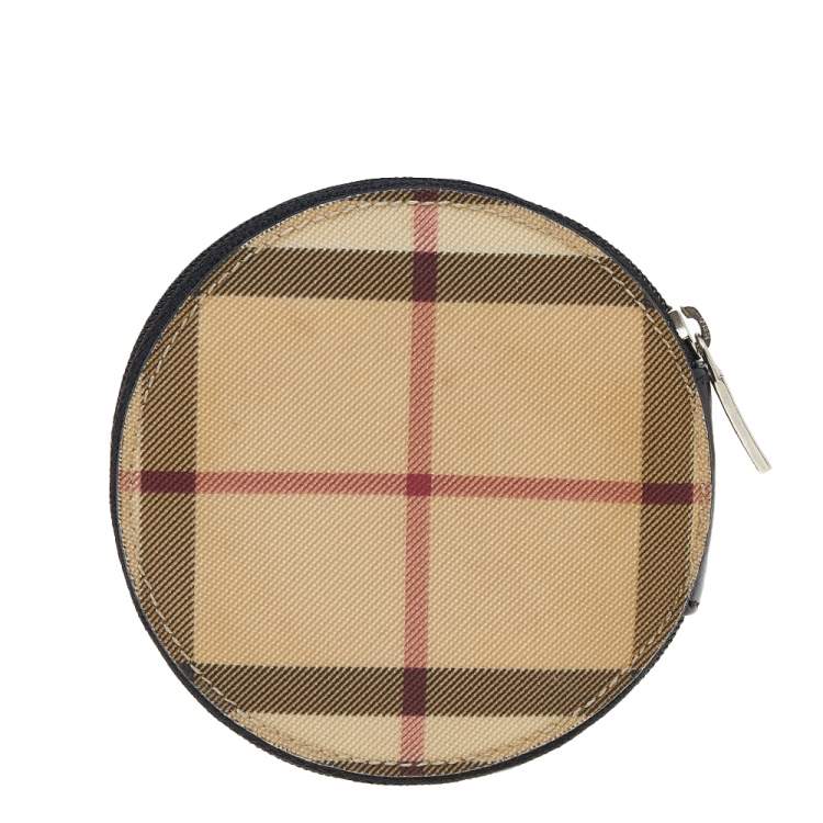 Pre Owned Burberry Beige-Black House Check PVC And Leather Round Coin Pouch