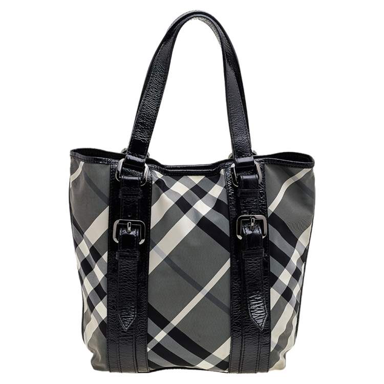 Authentic Burberry Patent Leather Beat Check Black Nylon Tote Bag